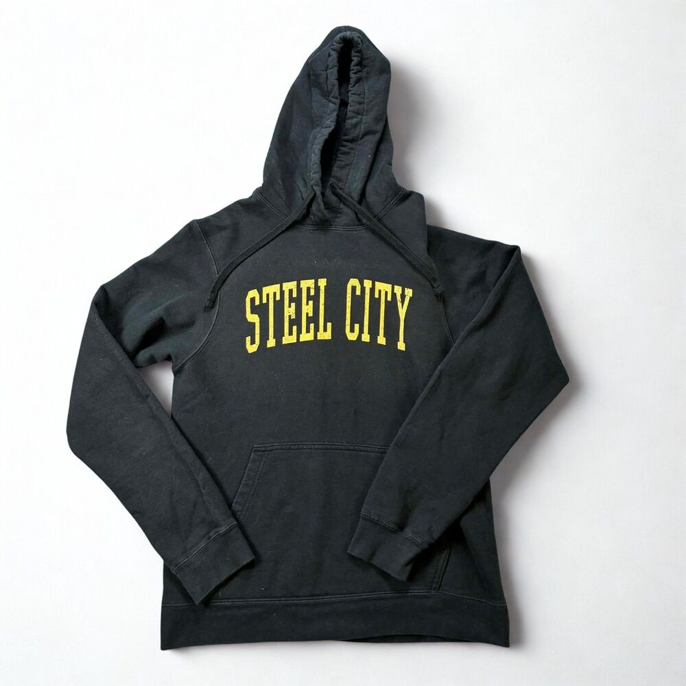 Steel City Pittsburgh Hoodie Black Yellow Graphic Pullover Sweatshirt Mens Small